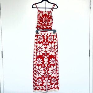 Rose + Olive | Red cream floral satin sleeveless top + wide leg pants set | Sz S